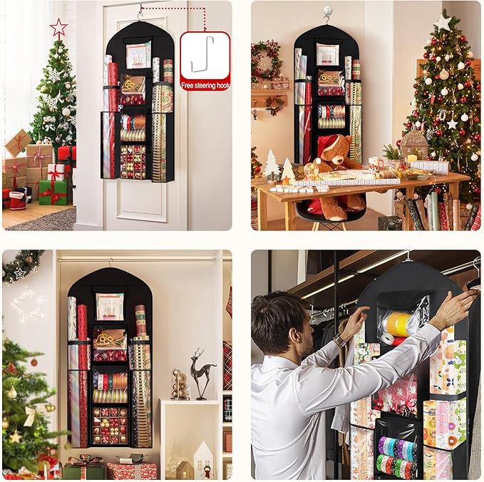 Woodoulogy Hanging Gift Wrapping Paper Storage, 48x24 (Extra Large) Black Double-Sided Christmas Wrapper Bag Container, Oxford Long Craft Roll Organizer, Present Wrap Holder for Closet, Door