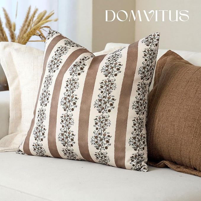 DOMVITUS Floral Throw Pillow Covers 18x18 Inch Set of 2, Block Print Decorative Pillow Covers Vintage Striped Neutral Farmhouse Boho Home Decor for Couch Sofa Bed Living Room, Brown