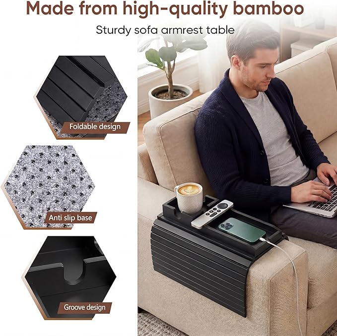 Bamboo Couch Arm Tray Table with Built-in Cup Holder, Foldable Anti-Slip Sofa Armrest Table for Drinks, Phone & Remote, Fits 4.7–16.9 in Armrests, Holds Cups up to 3.5 in Diameter (Black)