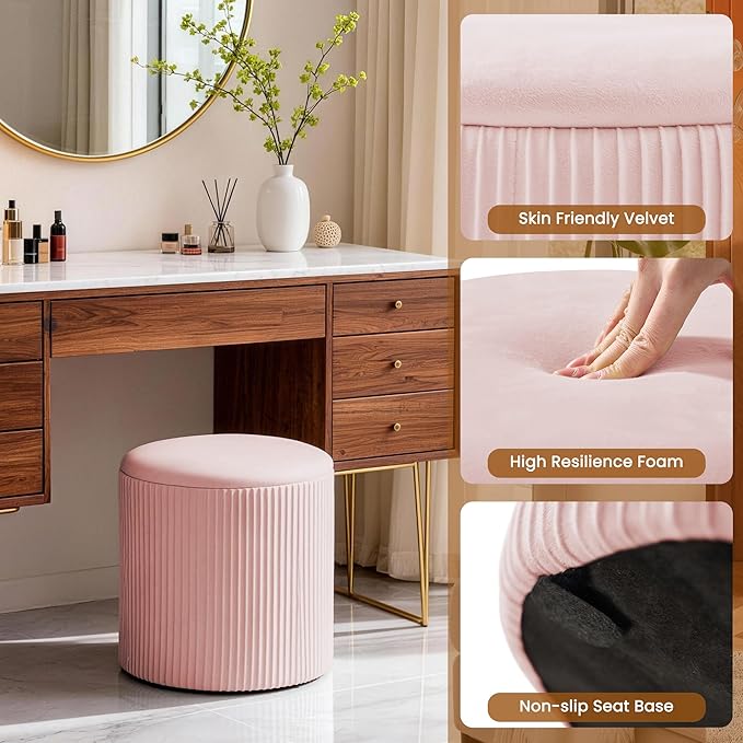 Set of 2 Round Storage Ottomans, Velvet Footstool Pouf with Lid - Multi-Use Vanity Stool for Bedroom or Coffee Table/Footrest for Living Room（Pink）