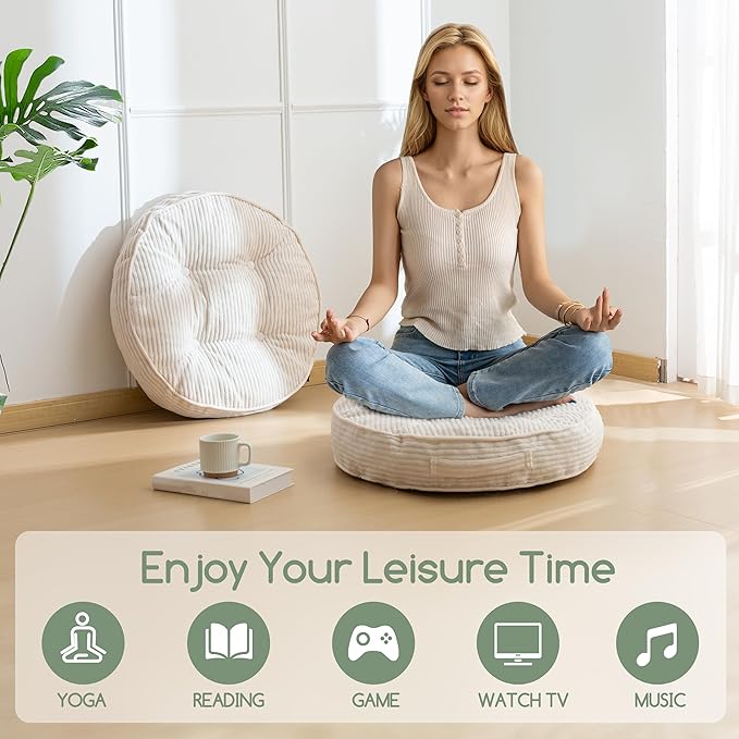 HIGOGOGO Floor Pillow Cushion for Adults, Meditation Cushion Pillow, Large Round Floor Sitting, Tufted Corduroy Cover, for Tatami Living Room or Yoga, 22x22 Inch, Beige