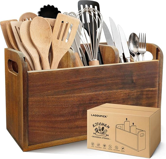 Acacia Wood Utensil Holder Kitchen Utensil Holder with 3 Compartments Cooking Spatula Organizer Large Cutlery Organizer for Kitchen Countertop Farmhouse Kitchen Decor