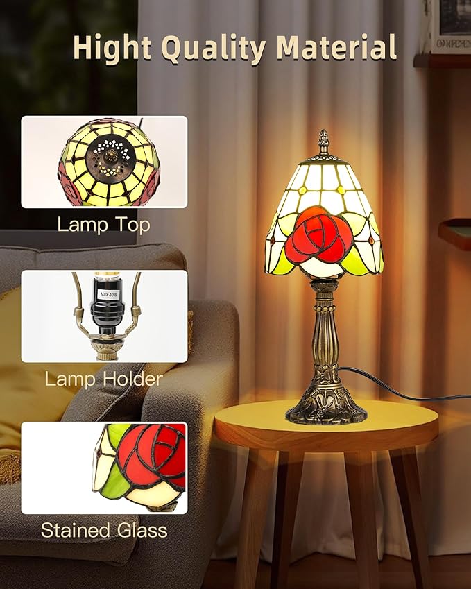 Small Tiffany Style Table Lamp, 6" Antique Stained Glass Lamp, Desk Bedside Table Night Lamp for Bedroom, Living Room, Office, Handcrafted Light with LED Bulb (Red Rose)