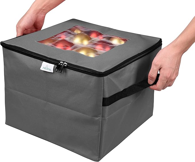 ProPik Holiday Ornament Storage Box Organizer Chest, With 3 Separate Removable Trays Holds Up to 48 Ornaments Balls, Three separated Trays With Dividers To Organize Bulbs (Gray)