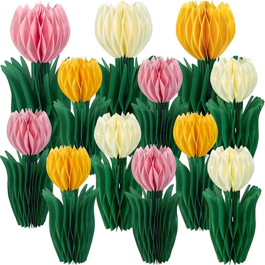 12 Pcs Tulip Honeycomb Decorations, Spring Decorations for Office, Table Decor, Tulip Party Decorations, Spring Centerpieces for Tables for Mothers Day Party, Womens Day