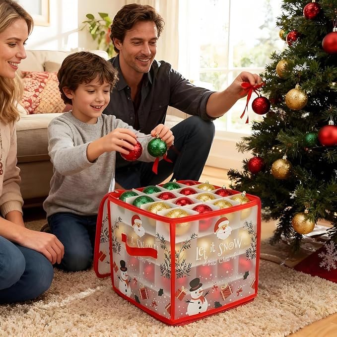 Christmas Ornament Storage Box, Christmas Ball Container with Dividers for 64 Balls, Space-Saving Holiday Decor Organizer Xmas Ornaments Box (Red)