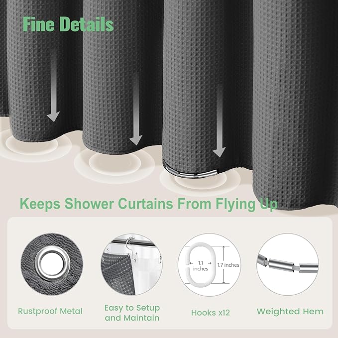 Dynamene Charcoal Grey Shower Curtain and Liner Set, Waffle Weave Fabric, Waterproof Clear Liner, 256GSM Heavy Duty Weighted Hotel Luxury Shower Curtains for Bathroom with 12 Plastic Hooks, 72Wx72H