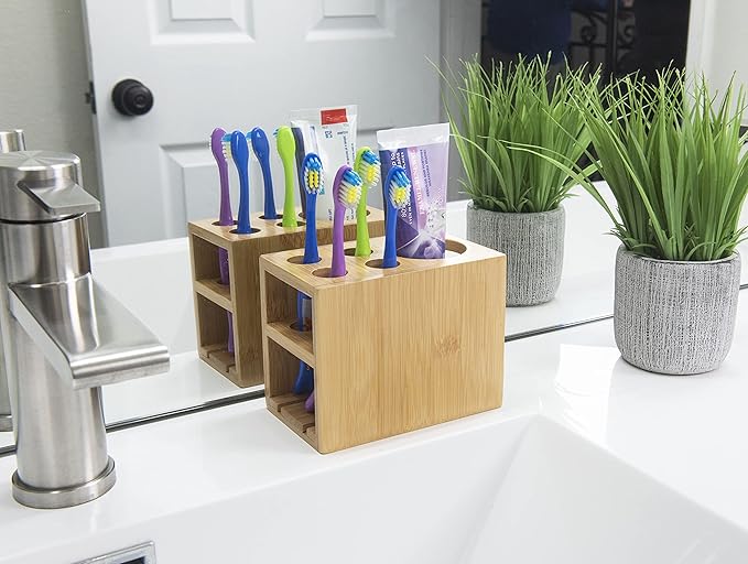 Bamboo Naturals Toothbrush Holder, Stores 4 Toothbrushes and 1 Toothpaste, Made of 100% Sustainable Bamboo, Stylish Bathroom Organizer Accessory, Easy to Clean and Odor Resistant