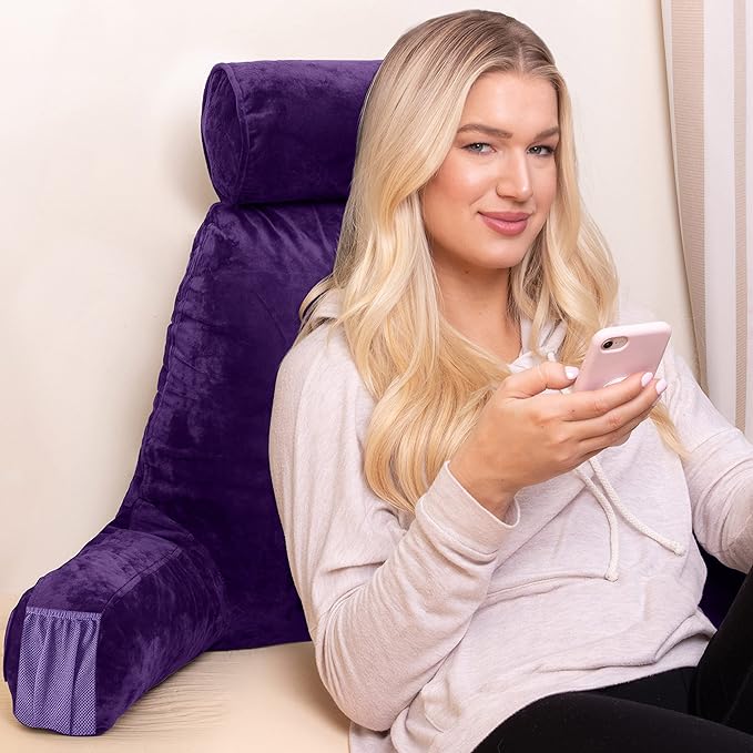Husband Pillow Medium Reading Pillow with Arms - 23" Backrest for Sitting Up in Bed - Firm Support Bed Rest Pillow for Adults, Neck Roll, Removable Cover - TV, Reading, Lounging - Purple