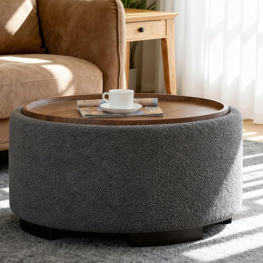 29.5 Inch Round Storage Ottoman Coffee Table,Modern Circle Coffee Table with Storage with Removable Lid Top and Solid Wood Legs,Large Round Ottoman for Bedroom,Living Room,Teddy Fleece,Grey