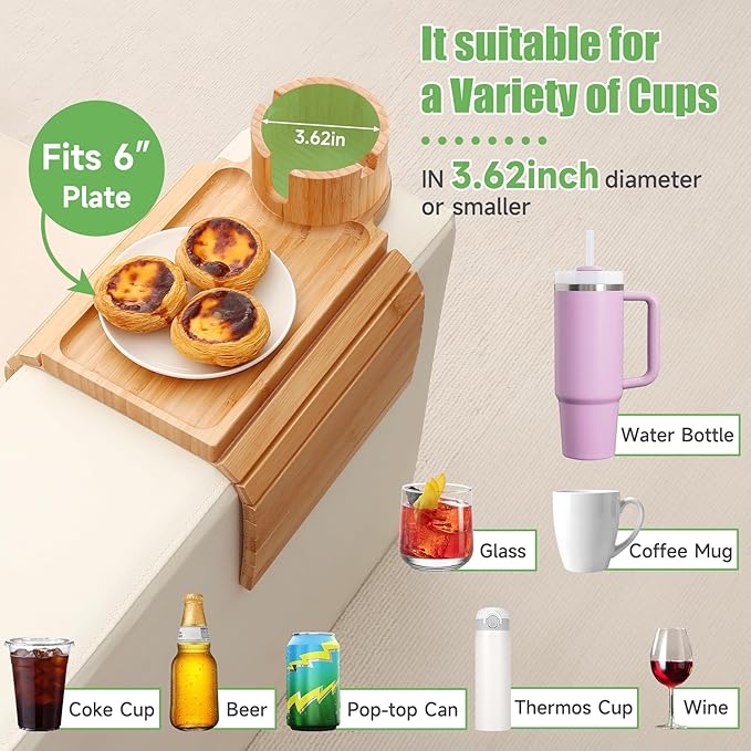 SINWANT Couch Cup Holder Tray,Large Bamboo Couch Armrest Table with Cup Holder,Foldable Anti-Slip Sofa Arm Tray for Coffee Cup,Water Bottles,Mug,Snacks,Remote