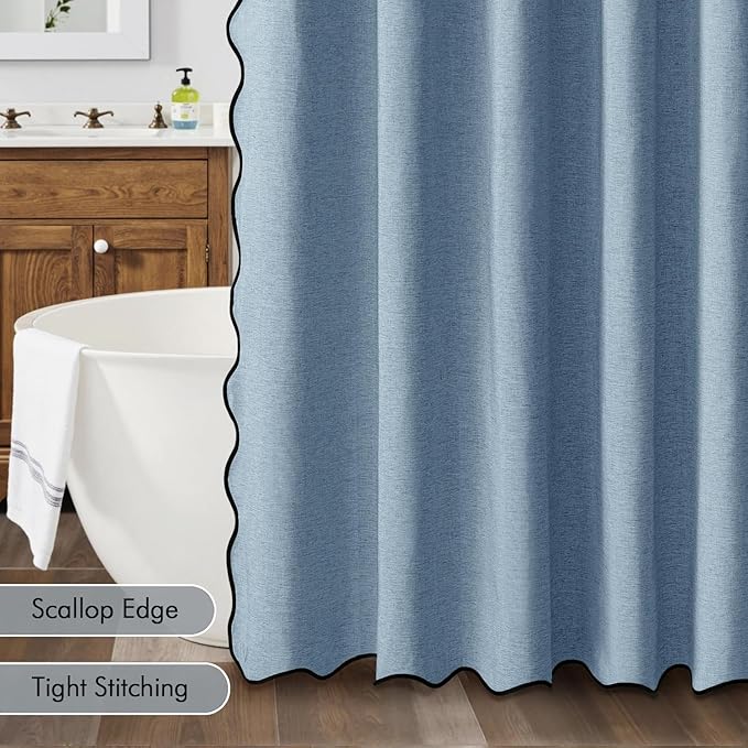 MIULEE 84" Long Scalloped Shower Curtain Linen Textured with 12 Metal Hooks Cute Extra Long Heavy Duty Washable Waterproof Cloth Shower Curtains with Black Border for Bathroom Hotel,Moonlight Blue
