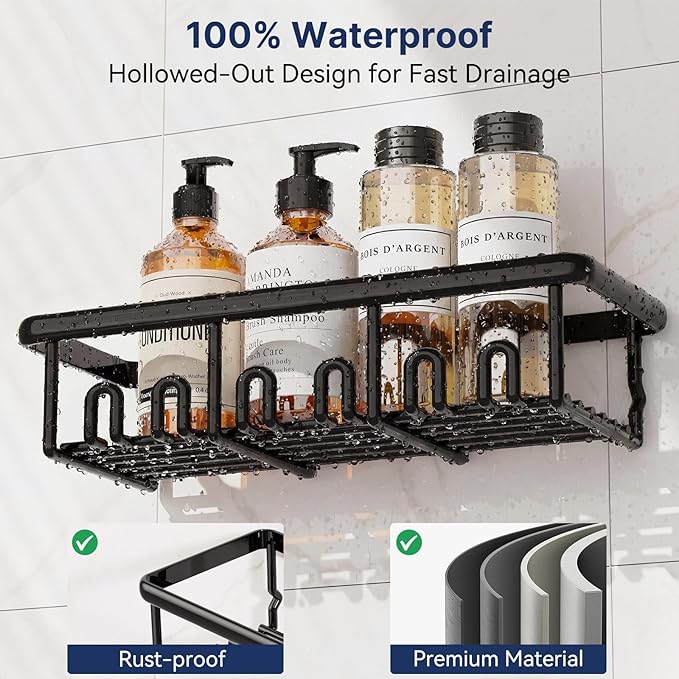 8 Pack Adhesive Rustproof Shower Shelves with Soap Dishes, Toothbrush Holder & Hooks, Large Capacity No-Drilling Shower Shelves Rack for Bathroom Organizers and Storage Accessories, Black