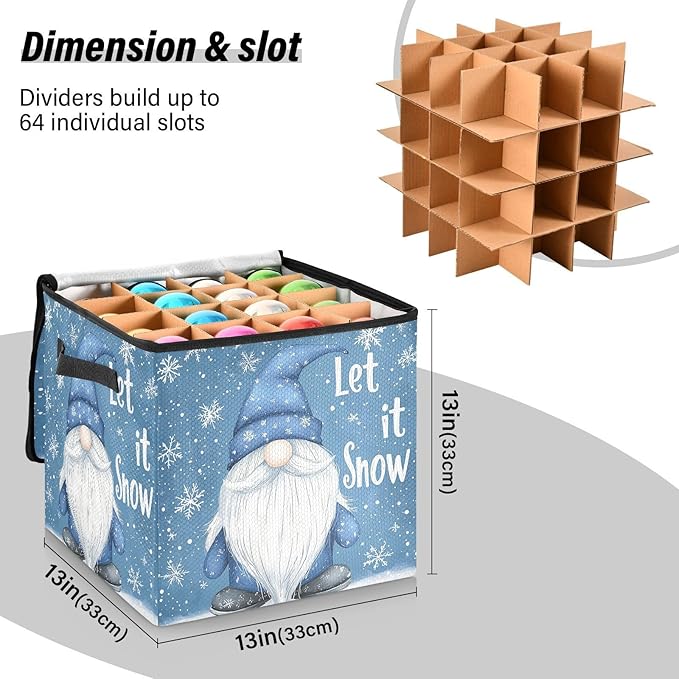 Winter Gnomes Christmas Ornament Storage Basket Box Let it Snow Snowflake Holiday Storage Container Cube with Adjustable Dividers for 64 Holiday Ornaments or Decorations Keeps Clean and Dry