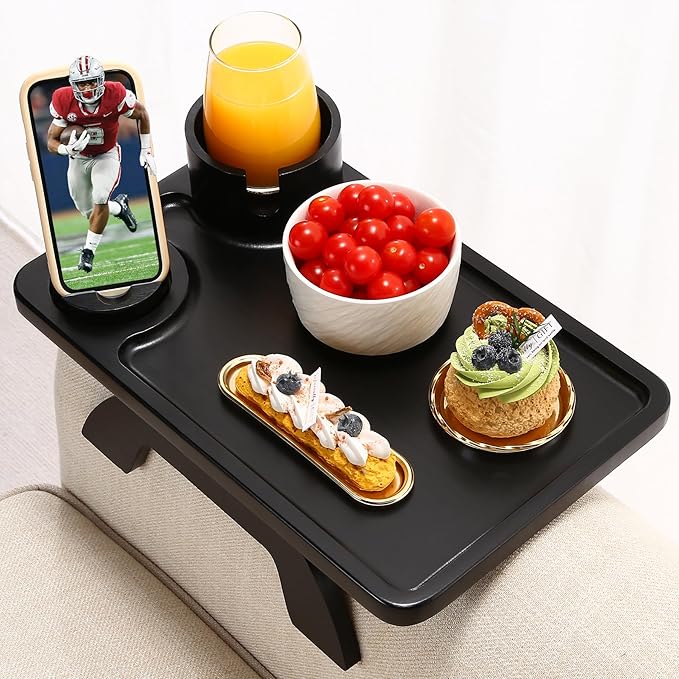 Black Couch Arm Table, Solid Bamboo Sofa Armrest Tray with 360 Rotating Cup Holder & Phone Stand, Large Clip-on Side Table for Drinks & Remote, Fits Round & Square Arms, 15.36x9.85