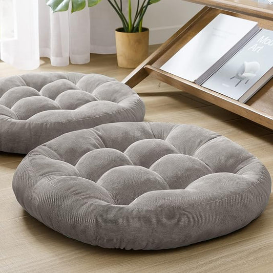 Meditation Floor Pillow Set of 2, Round Large Pillows Seating for Adults, Tufted Corduroy Cushion for Tatami Living Room, Grey, 22 Inch
