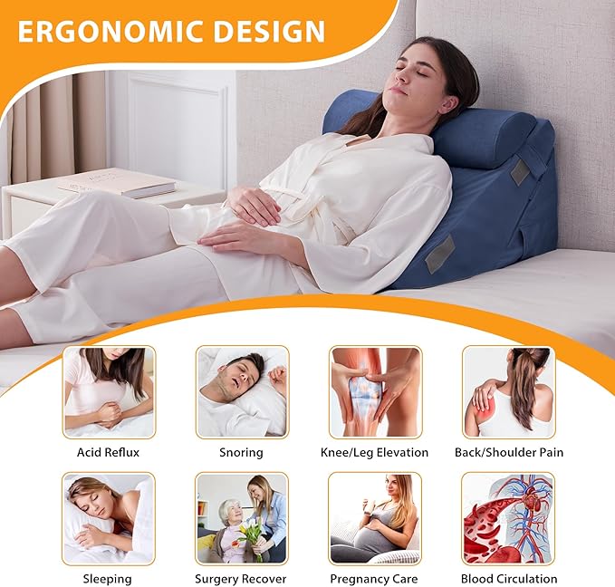 Ruqmuis 3PCS Wedge Pillow Set for After Surgery, Adjustable 9&12 Inch Bed Wedge Pillow for Sleeping, Incline Pillow Wedge for Headboard, Post Surgery, Acid Reflux, Neck&Back Support, Navy