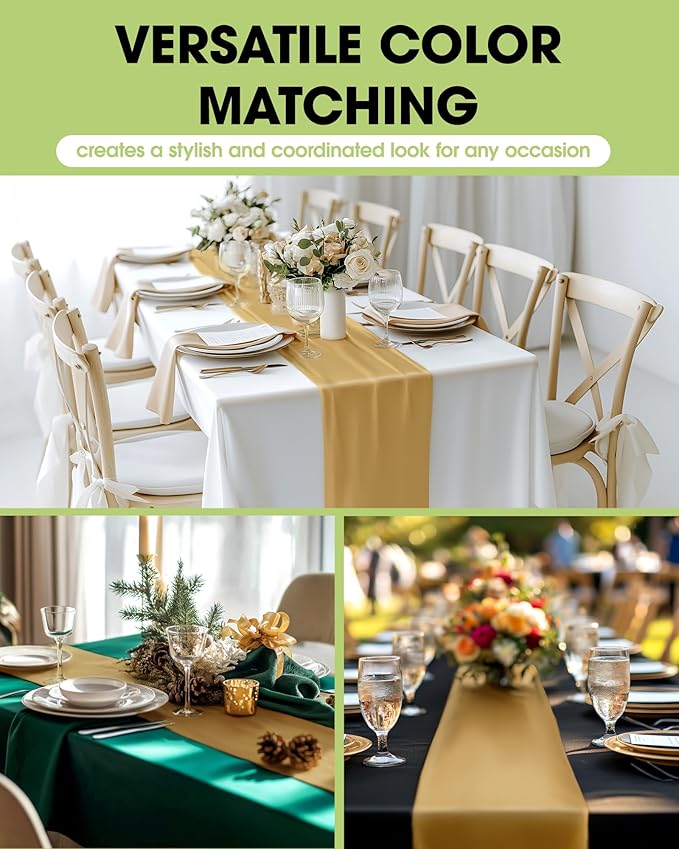 Pureegg Gold Plastic Table Runners - 20 Pack, 14'' x 108'', Water Resistant & Disposable Centerpiece Decorations for Table Cloth, Wedding, Birthday, Holiday, Baby Shower, Party, Home Decor