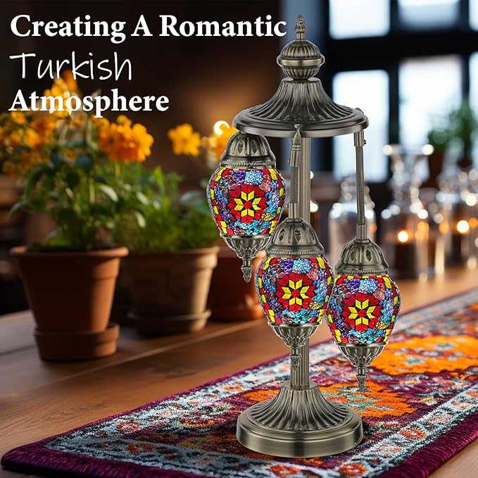 Marrakech Turkish Lamp 3 Globes Moroccan Table Lamp with Bronze Base, 23" Tall Handmade Colorful Tiffany Mosaic Glass Night Light Fixture Including LED Bulb for Living Room Bedroom Decor