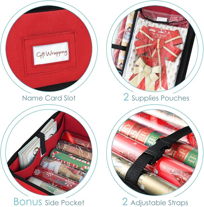Hearth & Harbor Wrapping Paper Storage Container and Clear Wrap Paper Holder - Christmas Storage Bag with Interior Pockets - Fits Up to 36 Rolls of 40" - Tear Proof, Red
