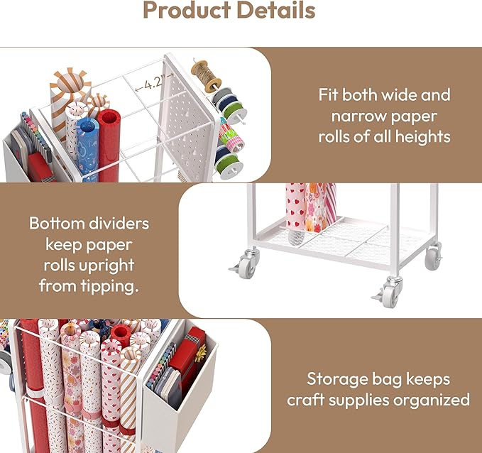 Gift Wrapping Station with 12PCS Slap Bands, Rolling Wrapping Paper Cart Station Organizer Gift Wrap Storage, Ribbon Holder Rack, Craft Organizers and Storage Christmas
