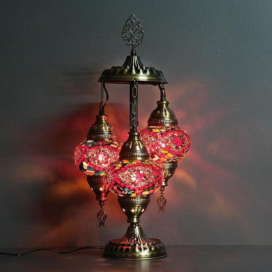 Asylove Turkish Lamp, 3 Globe Turkish Mosaic Table Lamp, Living Room and Office Decoration Lighting 5 inc Globe Total Dimesions 12 x 12 x 24 inch (Redmix)