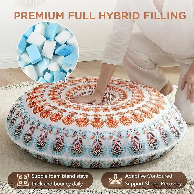 Codi Floor Pillows for Adults Set of 2, Large Boho Meditation Cushions with Memory Foam, Round Mandala Seating for Outdoor Yoga and Living Room, Washable, 32 Inch, Coral
