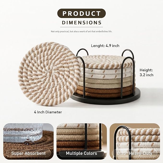Lazebox Coasters Set of 8 for Drinks, Beer, Coffee, Cotton Woven 4 Colors Absorbent Coaster with Holder, Boho Coasters for Home Decor Tabletop Protection Suitable for Kinds of Cups, Coffee