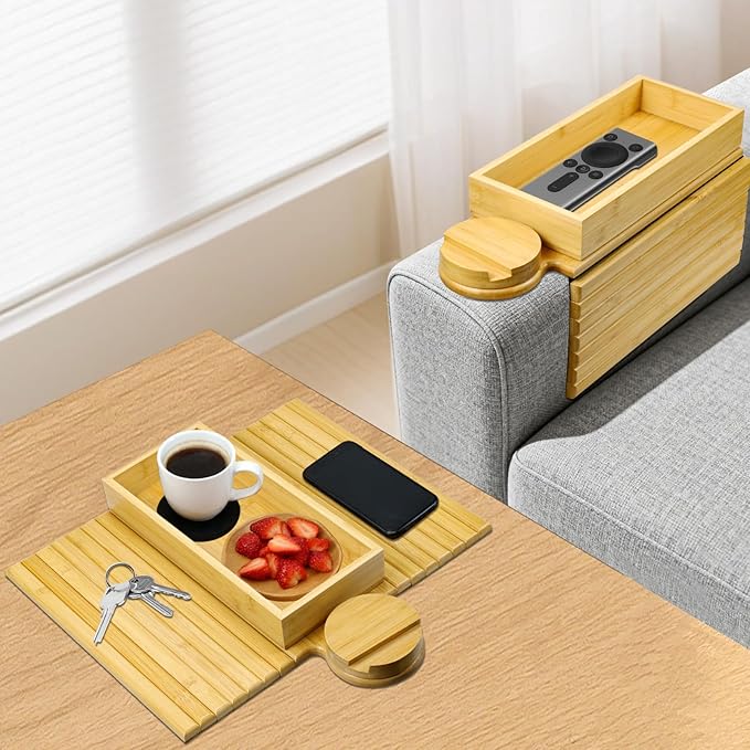Couch Armrest Table, 3-in-1 Magnetic Removable Sofa Handrail Table,Bamboo Sofa Cup Holder for Meals, Beverages and Mobile Phones (Natural)