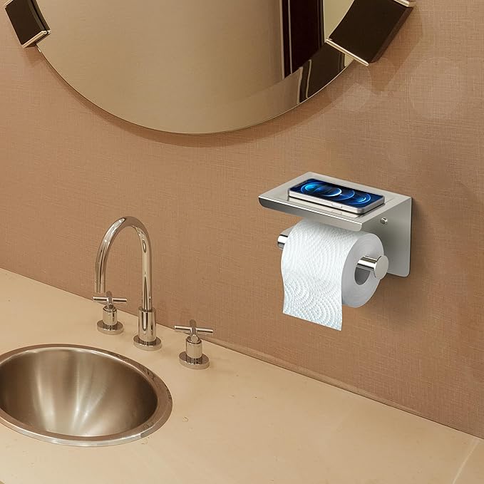 Brushed Nickel Toilet Paper Holder with Shelf, SUS304 Stainless Steel Wall Mounted, Dual Installation Adhesive or Screw, Rustproof Modern Bathroom Tissue Roll Holder