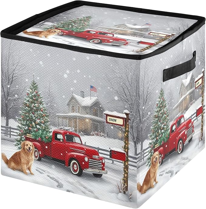 Red Truck Christmas Ornament Storage Basket Box Red Buffalo Plaid Winter Holiday Storage Container Cube with Adjustable Dividers for 64 Holiday Ornaments or Decorations Keeps Clean and Dry