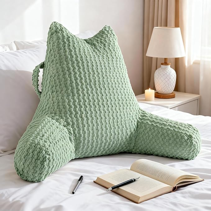 Reading Pillow for Bed Sitting Up, Backrest Pillow with Shredded Memory Foam Filling, Back Support Cushion, Bed Rest Pillow with Arms, Pockets and Washable Cover-Green