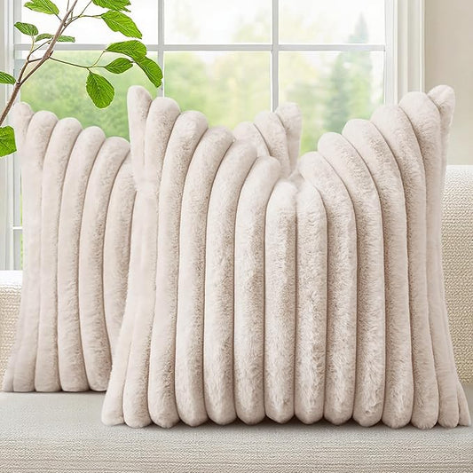 decorUhome Summer Cozy Faux Fur Throw Pillow Covers 24x24 Set of 2 Decorative Soft Plush Striped Modern Farmhouse Boho Couch Euro Sham Pillow Cases with Velvet Back for Sofa Bed Living Room, Beige