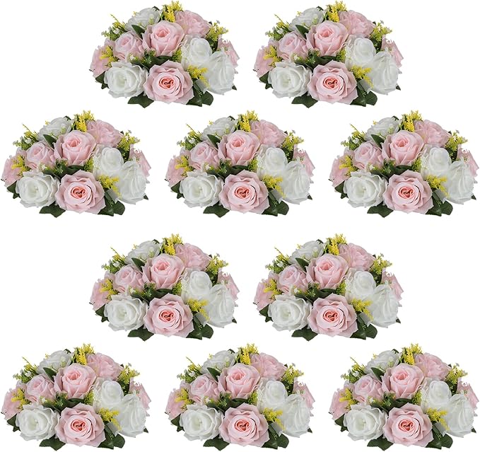 NUPTIO Flower Ball Centerpieces for Tables: 10 Pcs Artificial Pink & White Rose Arrangements for Wedding Centerpiece - Faux Silk Floral Kissing Balls for Home Gender Reveal Party Mother's Day Decor