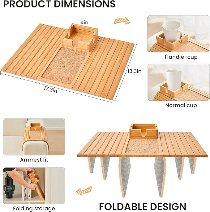 LOVYANXUE Bamboo Couch Cup Holder, Foldable Sofa Arm Tray, Anti-Slip Couch Aremrest Tray Table for Drink, Cup, Remote, Snacks, Cellphone, Portable, Bamboo/Cork Color