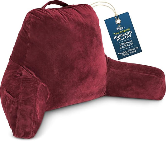 Husband Pillow Maroon, Original Reading Pillow in Bed Rest Chair, Shredded Memory Foam Large Lounge Cushion Adult Backrest with Arms, Comfy Back Support for Sit Sitting Up, Washable/Removable Cover