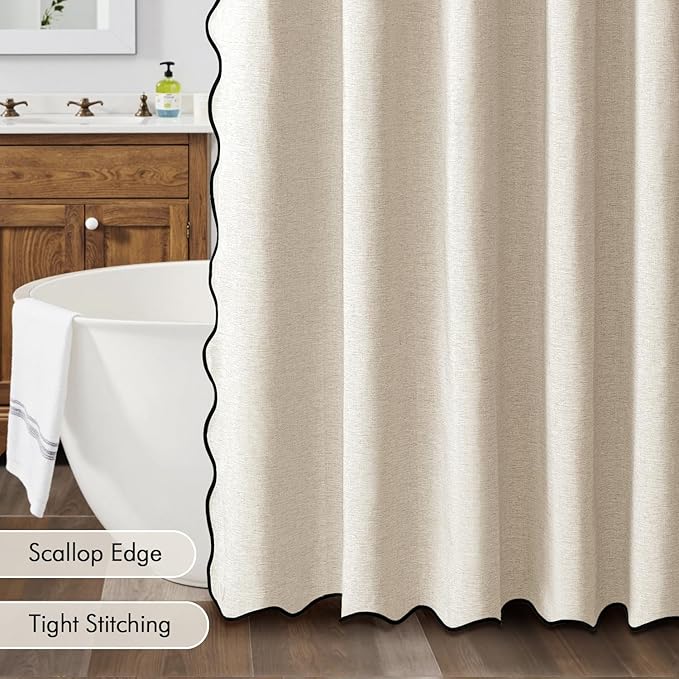 MIULEE Beige Scalloped Shower Curtain Linen Textured with 12 Metal Hooks Cute Heavy Duty Washable Waterproof Thick Cloth Shower Curtains with Black Border for Bathroom Hotel Bathtub,W72*L78