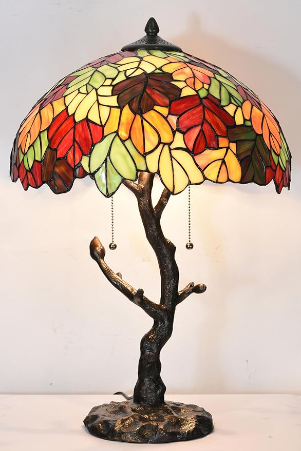 TL0032 Maple Leaves Tiffany Table Lamp Bedside Stained Glass Shade Reading Desk Light 16 x 24.25 Inches for Bedroom Living Room Home Office, LED Bulbs Included