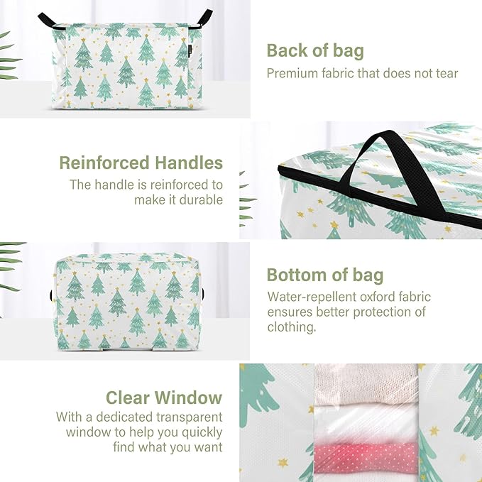 Burbuja Christmas Tree Clothes Storage Bag with Lids and Handle, 2 Pack Foldable Blanket Storage Container with Sturdy Zipper & Clear Window for Bedroom Closet, 60L