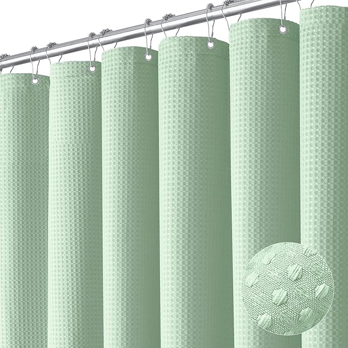Dynamene Extra Long Shower Curtain - 84 Inch Long Waffle Weave Heavy Duty Fabric Bathroom Shower Curtain, Neutral Weighted Hotel Thick Bath Curtain Set with 12 Plastic Hooks,72x84, Mint Green