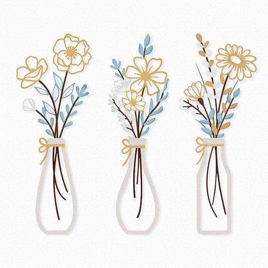 3-Piece Gold & Blue Boho Metal Flower Wall Decor- Minimalist Wire Floral Home Wall Art, Modern Wall Hanging Accents for Small Space, Hallway, Bathroom, Kitchen, Bedroom - Spring Housewarming Gifts
