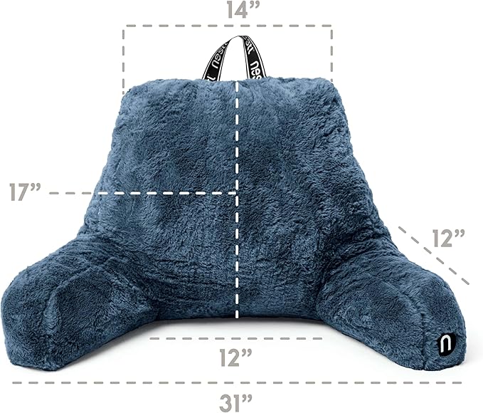 Nestl Fur Reading Pillow with Laptop Lap Desk, Stylish Back Pillow for Sitting Up, Lap Desk with Reading Pillows for Sitting in Bed Adult & Kids, Faux Fur Chair Pillow with Arms - Blue