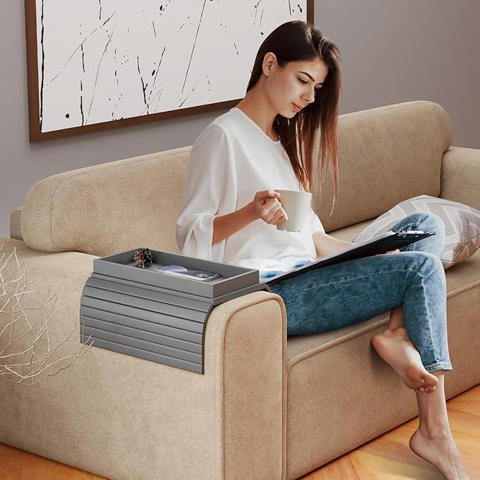 Bestjing Bamboo Sofa Armrest Tray Table for Couch - 2-in-1 Foldable Couch Arm Table with Be Slide Detachable Tray- Anti-Slip Sofa Armchair Caddy for Drinks Cellphone TV Remote Snacks(Gray)
