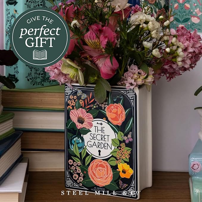 Steel Mill & Co Original Book-Shaped Decorative Vase, Ceramic Vases for Home Decor, Cute Bookshelf Decor, Unique Vase for Book Lovers (Small - Secret Garden)