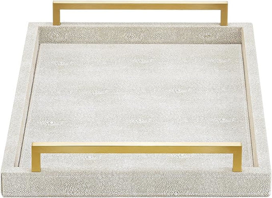 XIGEXIGE Ivory Shagreen Decorative Tray Large Rectangle Coffee Table Tray for Ottoman Faux Leather Serving Tray with Brushed Gold Handles
