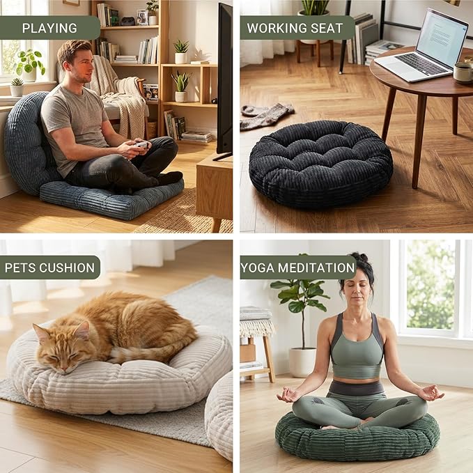 Large Floor Pillow for Adults, 22x22" Memory Foam Floor Cushion with Corduroy Cover, Round Floor Sitting Cushions for Meditation, Lounge,Seating for Yoga, Tatami Living Room (2, Round-Black)
