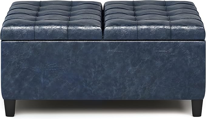SIMPLIHOME Harrison Coffee Table Storage Ottoman - 36 inch Wide Upholstered Vegan Leather Square Lift-Top Ottoman in Denim Blue, Transitional Ottoman for Living Room with Hidden Storage
