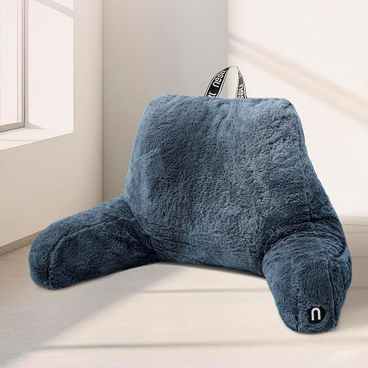 Nestl Fur Reading Pillow, Stylish Back Pillow for Bed Sitting Up, Faux Fur Bed Chair Pillow with Arms, Reading Pillows for Sitting in Bed Adult & Kids, Sit Up Back Support Pillow for Bed Rest - Blue