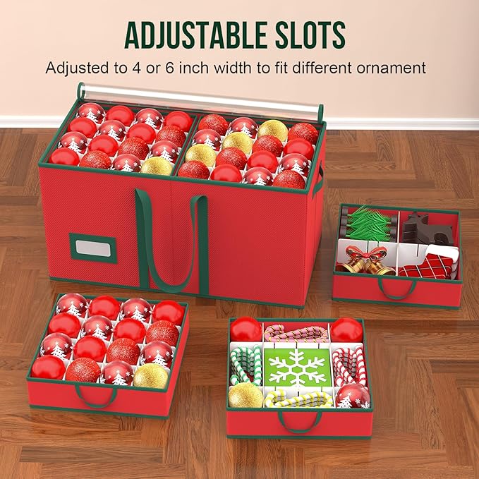 Christmas Ornament Storage Box Store 128 Ornaments, Xmas Ornament Organizer Storage box with Dual Zipper Closure and Adjustable Dividers, Large Holiday Decorations Containers with 8 Individual Trays