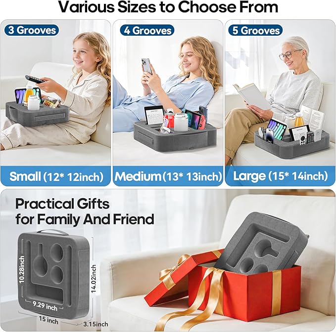 Couch Cup Holder Tray, Couch Caddy for Drink, Snack, Phone, Remote, Ipad, Game Controller, Large-Size Sofa Cup Holder for Bed, Sofa, Car, Desk, Deep Gray